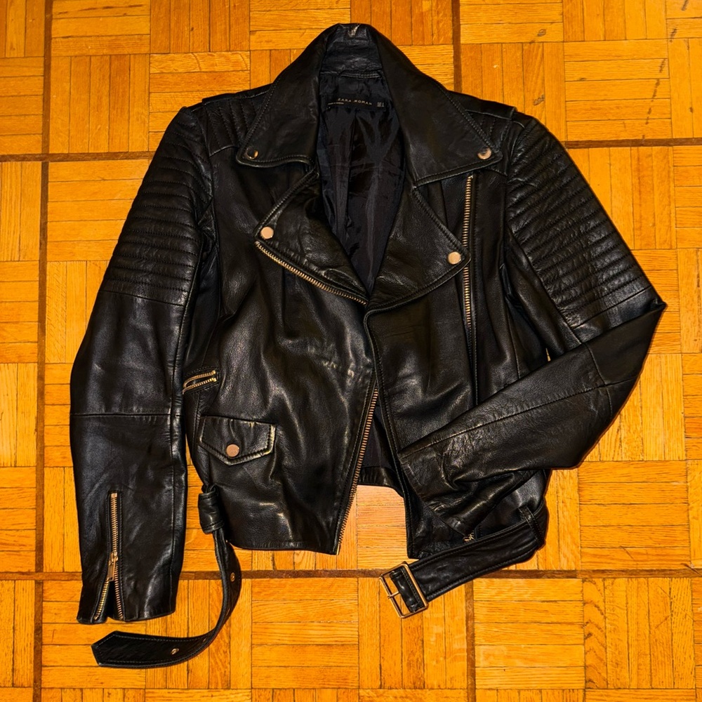 Zara Black Genuine Leather Moto Jacket